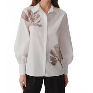 NEW EXQUISE ayla cotton shirt with floral stitch detailing in bone